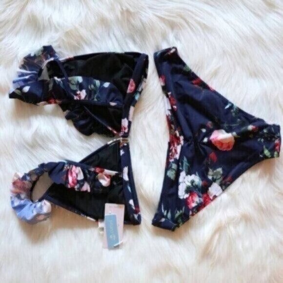 NEW Blue White Floral Print Bikini Set Size Large Bathing Suit Swim - Picture 5 of 7